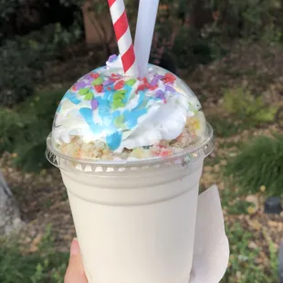 Confetti Cake Shake (seasonal for Mickey's bday)  Was alright.. plain vanilla soft serve with cake crumbles on top and sprinkles
