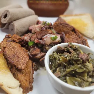 Greens ..ribs tips and brisket...