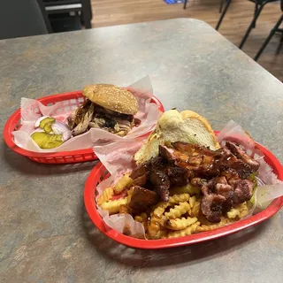 Smoked pork rib tips with fries