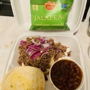 Chopped brisket sandwich and Beans.