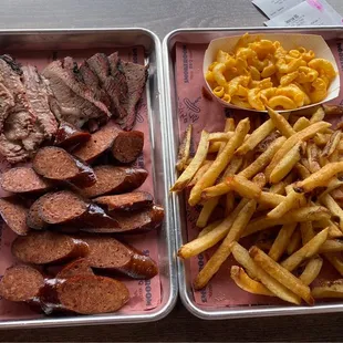 1/2 brisket, 1/2 link, fries, and Mac!