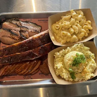 3 Meat Plate  Sliced Beef  Sausage  Pork Ribs  Mac and Cheese and Potato Salad