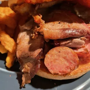 Large sandwich with beef and sausage