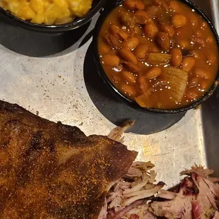 Brisket, ribs, fries, mac n cheese, beans.
