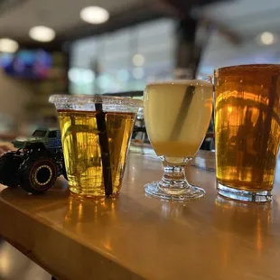 From left to right -Apple juice, peach Bellini, amber ale beer. Happy hour is the way to go!!!!