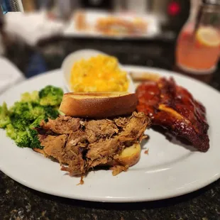 Combo - baby back ribs, pulled pork with steamed broccoli and Mac and cheese