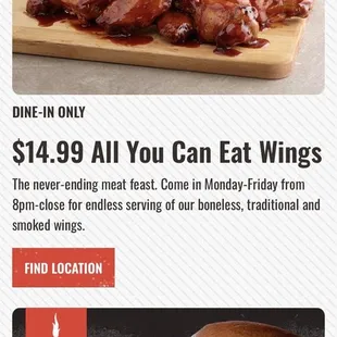 All you can eat wings- $14.99
