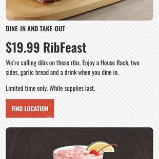 $19.99 rib feast- full slab, 2 sides, garlic bread and a drink.