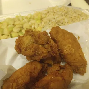 Wings, Lima beans, rice