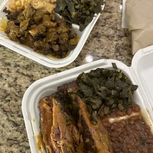 Pork ribs with baked beans and Collard Greens. Beef brisket with Mac N Cheese