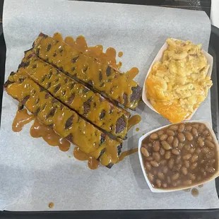 Pork Ribs (w/ spicy and regular sauce) with Mac N Cheese and Baked Beans