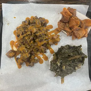 Beef Brisket (w/ spicy sauce) with Yams and Collard Greens