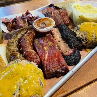 Pulled Pork, Boudin and Jalapeño, Ribs, Brisket, Pulled Pork, Potato Salad, Short Ends, Brakes