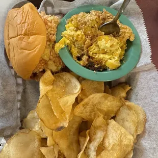 Chopped pork sandwich, chips, squash casserole