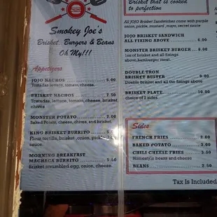 the menu for smokey joe's