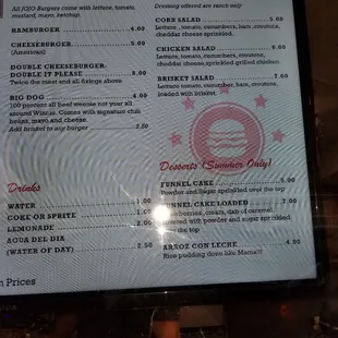 a menu on a large screen
