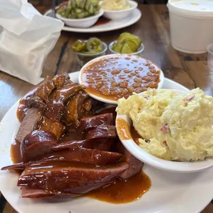 Sausage + Brisket! Potato Salad + Baked Beans! :)