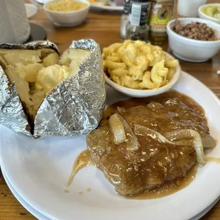 Salisbury steak, Mac and Cheese, baked potato