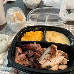 I got the 2 meet plate with brisket, turkey, creamed corn, macaroni and cheese, and banana pudding.