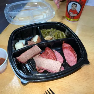 3 meat plate; brisket, sausage, ribs, salt water boiled potatoes, green bean.