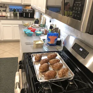 Set up for making stuffed baked potatoes (HEB) with Smokey Mo&apos;s Chopped Beef.