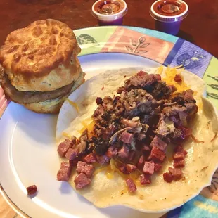 Brisket, Sausage, &amp; Cheese Breakfast Taco and Sausage Biscuit to get the day started!