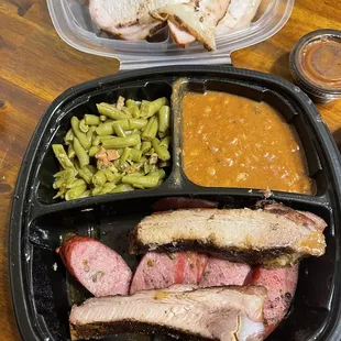 3 Meat Plate Jalapeno Sausage Pork Loin Pork Ribs Green Beans Pinto Beans
