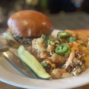 Big Bleu Burger (no tomatoes) &amp; Smokey Oaks Tavern Dirty Tots