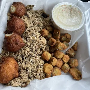 Shredded pork. Okra. Hush puppies. Slaw.