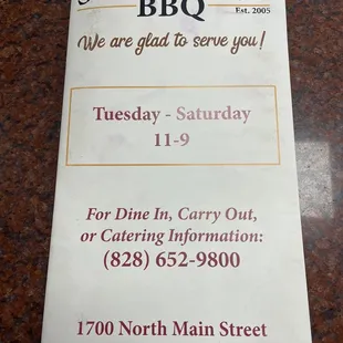 Menu with hours and address, phone