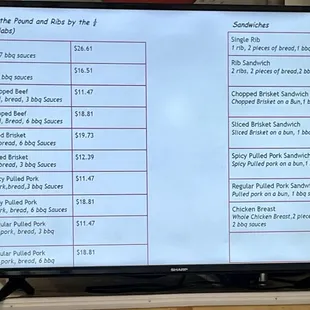 Menu in the restaurant