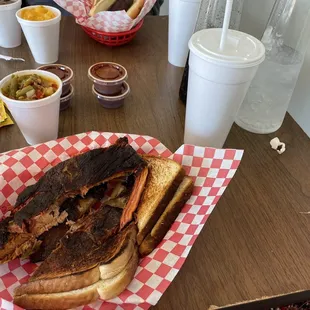 Rib dinner - 3ribs, bread and 2 sides. I had okra and green beans.