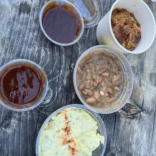 Cobbler, beans, potato salad