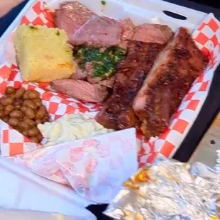 Ribs, Tri Tip, Cornbread, baked beans, potato salad
