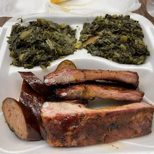 Ribs, sausage, and greens