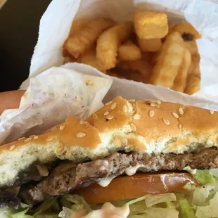 Juicy savory mushroom burger combo with fry sauce