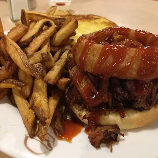 Pulled pork sandwich and fries