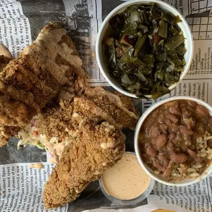 Catfish, red beans &amp; rice, collard greens &amp; slaw