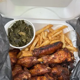 King&apos;s wings, fries, and collard greens