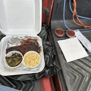 Brisket, 2 ribs, mac n chee, &amp; collards-$18.70