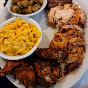 Player&apos;s Choice 4 meat (clockwise from top): Beef Brisket, Chicken Breast, Pulled Pork, Wings, with Fried Okra and Mac &amp; Cheese