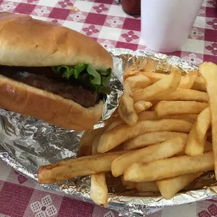 Hamburger n fries--patty is big so there&apos;s no need for two! And they have that grilled flavor that everyone loves!!