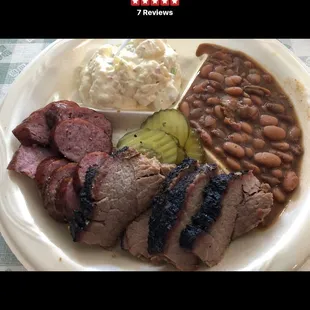 Brisket &amp; sausage, pinto beans, potato salad.