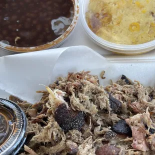 Pulled Pork Dinner (sides-corn casserole and baked beans)