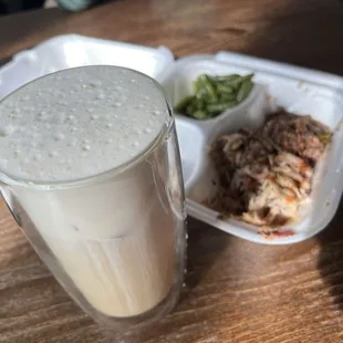  drink and a plate of food