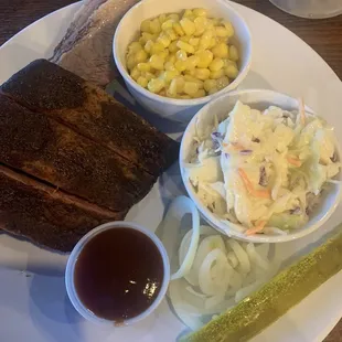 2 meat brisket and ribs coleslaw, and corn