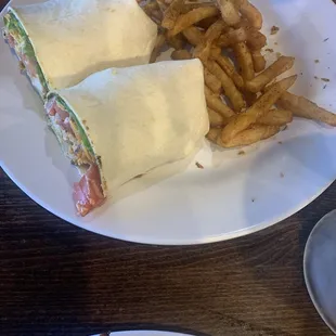 Buffalo chicken wrap with fries