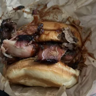 Pulled pork sandwich with holy smokes sauce