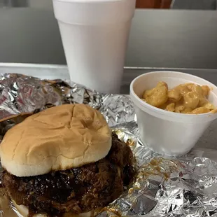 Brisket sandwich and Mac and cheese