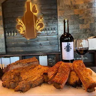 ribs and a bottle of wine